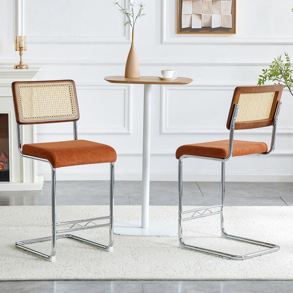 English Elm Natural Rattan Backrest Counter Stools Set of Two with Velvet Seat and Chrome Legs W2920P395621