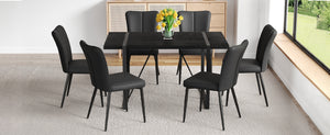 English Elm Black Faux Grain Mdf Rectangular Dining Set with Six Striped Pu Upholstered Chairs W1151S04377