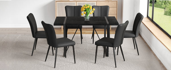 English Elm Black Faux Grain Mdf Rectangular Dining Set with Six Striped Pu Upholstered Chairs W1151S04377