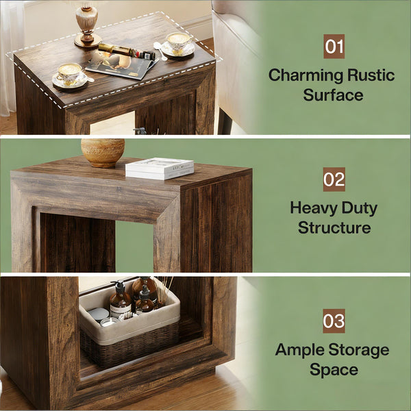 English Elm Modern Two Tier End Table Black Metal Frame Wood Grain Surface for Living Room T3971P451574