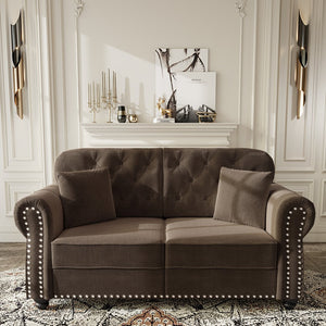 English Elm 63"upholstered Velvet Loveseat with Button Tufting Brass Nailhead Trim Mid-century Chesterfield Brown W1885S00377