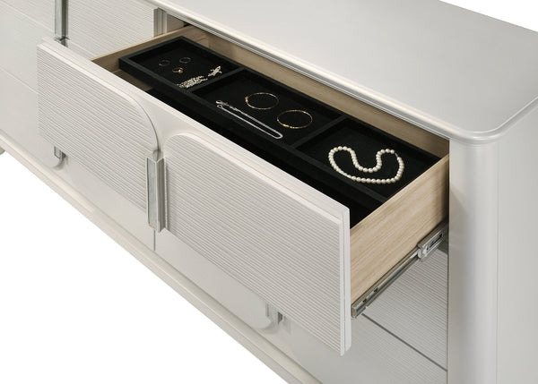 English Elm Laveda Pearl Finish Dresser with Six Spacious Drawers, Hidden Jewelry Tray, Durable Modern Design White 66 L x 21 W x 38 H B2726P269277