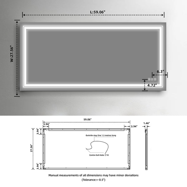 English Elm 6028 Frameless Led Bathroom Mirror with Anti Fog Tempered Glass and Touch Dimmer W2704P215140