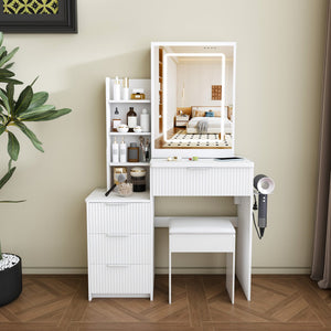 English Elm Modern Makeup Vanity Desk with Led Lighting Four Drawers Mirror and Built-in Power Outlet White W509P465830