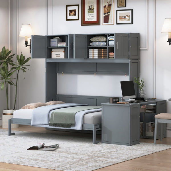 English Elm Queen Size Wall Murphy Bed With Desk, Storage Cabinets & Hydraulic Lift – Elegant Gray Design N820S10034E-GIGA