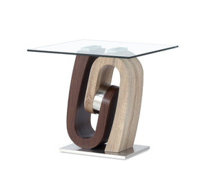 English Elm CHASE Walnut End Table with Geometric Wave Base, Solid Wood, MDF & Glass Top — Contemporary Chic B201S00068