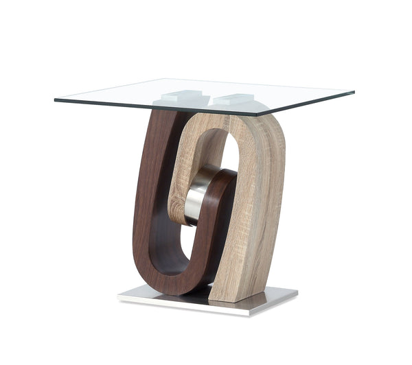 English Elm CHASE Walnut End Table with Geometric Wave Base, Solid Wood, MDF & Glass Top — Contemporary Chic B201S00068