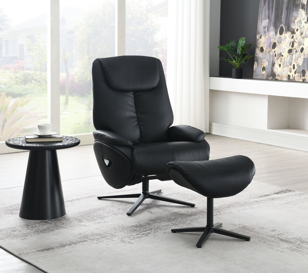 English Elm Labotina Black Top Grain Leather Accent Chair with Swivel, Recline to 47" & Matching Ottoman, Modern Comfort B2726P245875