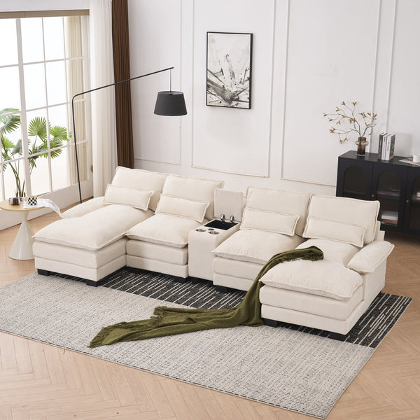 English Elm Modern U-shaped sofa with console, cupholders & USB ports — 6-seat sleeper with double chaise, chenille comfort W3401S00001