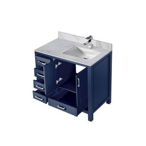 English Elm Navy Bathroom Vanity 36" W x 22" D with Right-Offset Carrara Top, Chrome Faucet, Soft-Close Storage B2731P259054