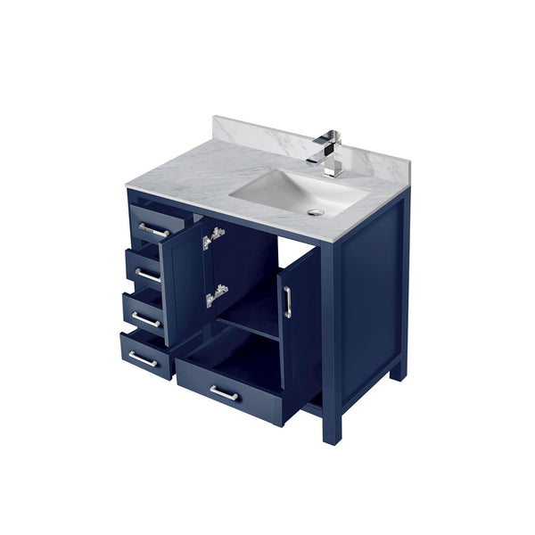 English Elm Navy Bathroom Vanity 36" W x 22" D with Right-Offset Carrara Top, Chrome Faucet, Soft-Close Storage B2731P259054