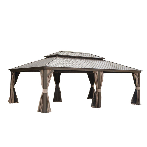 English Elm 14x22FT Hardtop Gazebo Metal Pavilion with Galvanized Double Roof, Aluminum Frame, Gutter, Curtains & Netting Brown W1859S00104
