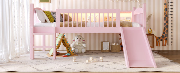 English Elm Twin Low Loft Bed Solid Pine Frame with Built-in Led Lighting and Storage Shelves Pink W1580P395929