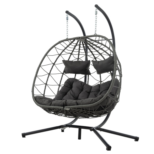 English Elm 2 Person Wicker Hanging Egg Chair with Freestanding Stand Outdoor Patio Swing Seat Gray W1703P444363