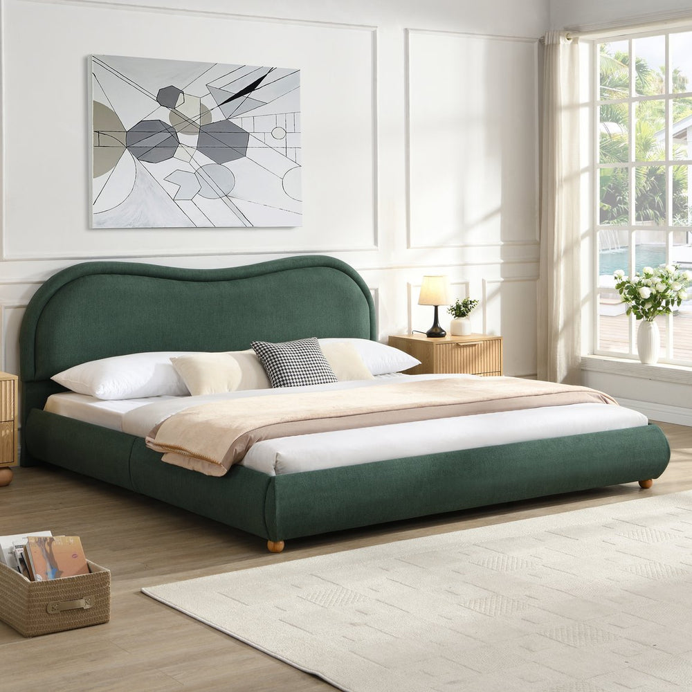 English Elm Queen Chenille Upholstered Curved Headboard Platform Bed with Oak Legs Solid Wood Slats W1716P428274