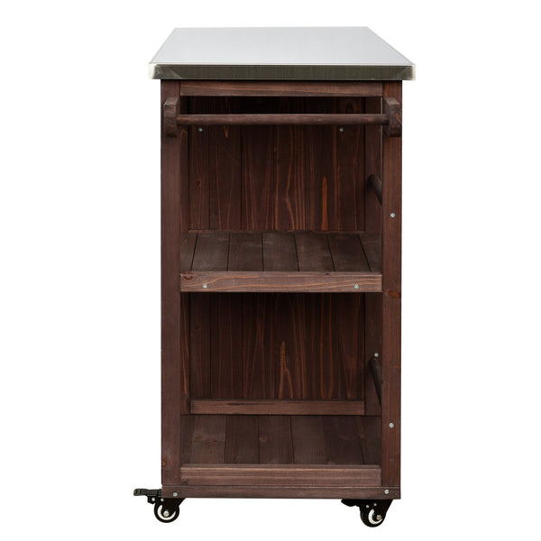 English Elm Foldable Outdoor Kitchen Cart with Stainless Worktop Fir Wood Frame and Lockable Wheels Dark Brown N719P380278S