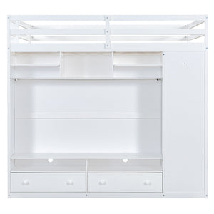 English Elm Full Size Loft Bed with Led Lighting Wardrobe Drawers and Shelves for Teen Rooms White LT000499AAK