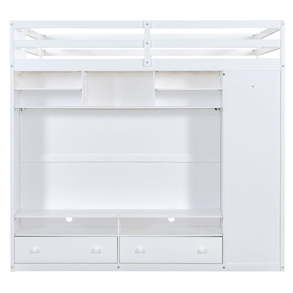 English Elm Full Size Loft Bed with Led Lighting Wardrobe Drawers and Shelves for Teen Rooms White LT000499AAK