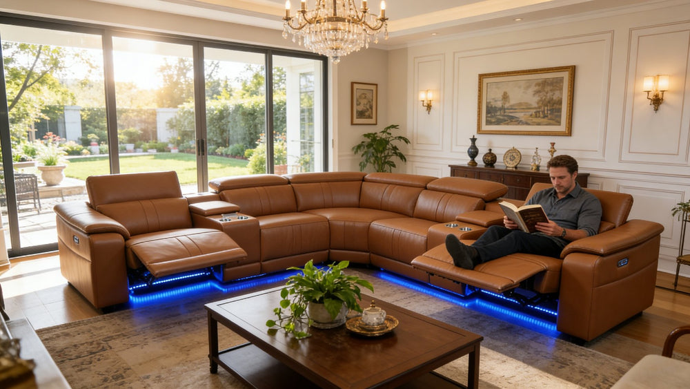 English Elm Power Reclining Sectional with Bluetooth Audio Led Lighting and Wireless Charging Tech Leather Brown W3795S00019