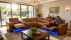 English Elm Power Reclining Sectional with Bluetooth Audio Led Lighting and Wireless Charging Tech Leather Brown W3795S00019