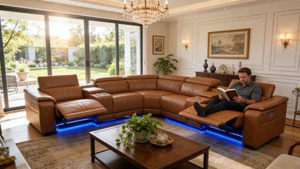 English Elm Power Reclining Sectional with Bluetooth Audio Led Lighting and Wireless Charging Tech Leather Brown W3795S00019