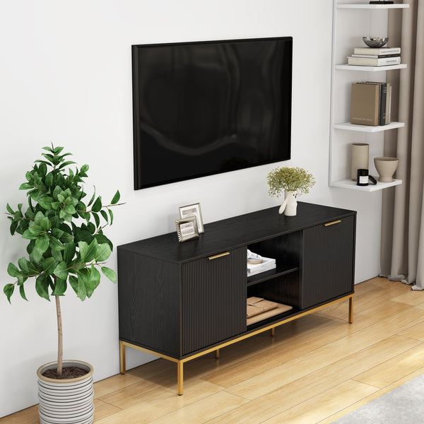 English Elm Modern Wave Door Media Console with Gold Legs Soft Close Hinges and Open Shelf W3151P407896