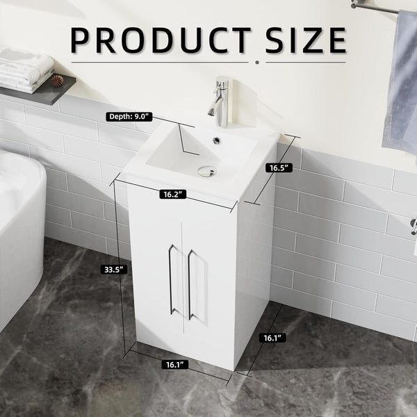 English Elm Goodyo 16" Small Bathroom Vanity Single Sink Freestanding Modern White Cabinet with Ceramic Basin and Soft-Close Doors D163095185