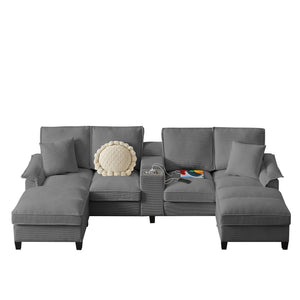 English Elm 120" Modular Corduroy Sectional Sofa Bed with Storage, U-Shaped 4-Seater, Cup Holders & Console Gray W1359S00012