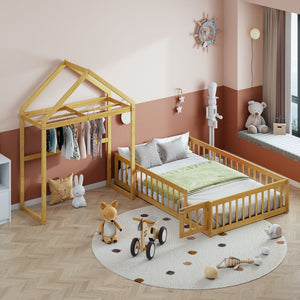 English Elm Wooden Floor Bed With Fence Railings and Detachable House Shape Headboard,Full Size Bed With Kids Dress Up Rack, Kids Montessori Style Playhouse Frame For Girls Boys, Natural