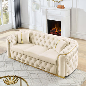 English Elm 2pcs Italian Velvet Chesterfield Sofa Set Tufted Three Seater with Gold Steel Legs Beige W1191S00044