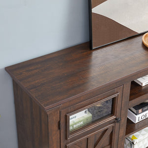 English Elm 2 Door Farmhouse Media Console with Glass Cabinet Panels and Open Shelving for Living Rooms W2275P389693
