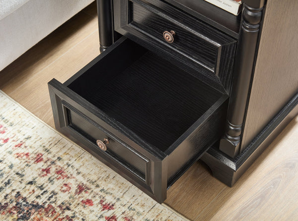 English Elm Farmhouse Rustic Nightstand with Built-in Charging Station Barn Wood Grain Storage Black W2393P324431