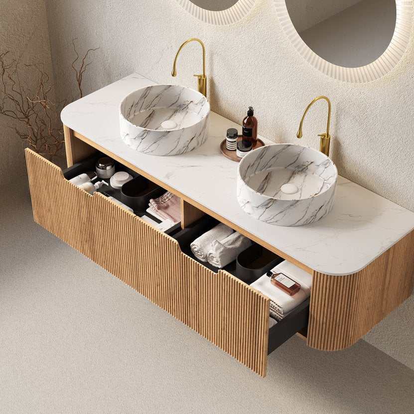 English Elm Dina 60" Wall-Mounted Bathroom Vanity With 2 Ceramic Sinks, Natural Woodgrain Finish & Ample Storage W2615S00493