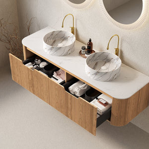 English Elm Dina 60" Wall-Mounted Bathroom Vanity With 2 Ceramic Sinks, Natural Woodgrain Finish & Ample Storage W2615S00493