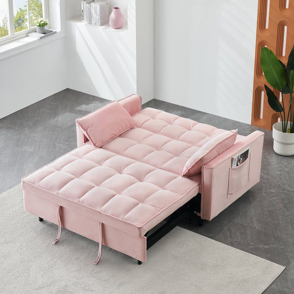 English Elm Modern Velvet Sofa Pull-Out Bed 3-in-1 Convertible Love Seat with Pillows, Spacious 500lb Support Pink W3371P314997