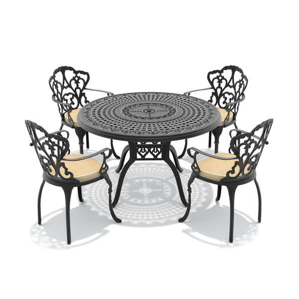 English Elm 5-piece Cast Aluminum Outdoor Dining Set with Ornate Relief Patterned Chairs and Table W1710S00564