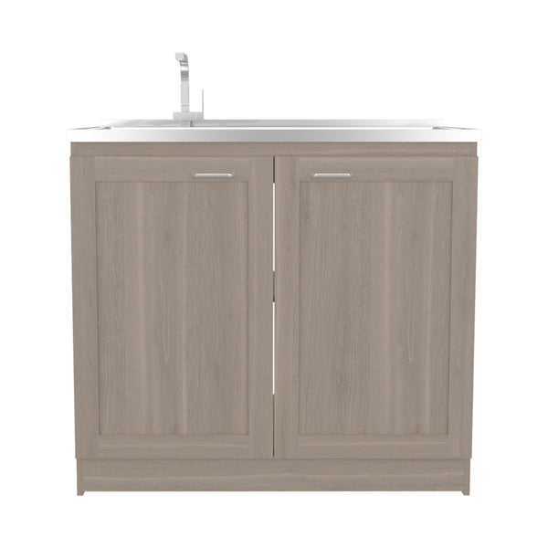 English Elm Haivana Utility Sink Cabinet 36" H x 39.4" W White Oak Finish with Double Doors, Shelf & Scratch-Resistant Surface B128S00057