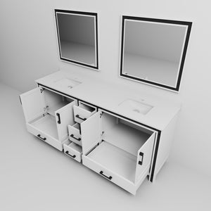 English Elm White Double Bath Vanity 84 in W x 22 in D with White Quartz Top, Soft-Close Drawers & Dual Mirrors B2731S00919