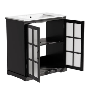 English Elm Christopher Knight Home® - 30" Modern Bathroom Vanity with Ceramic Sink, Tempered Blurred Glass Doors, Rubber Wood Frame Storage Matte Black N817P279904B