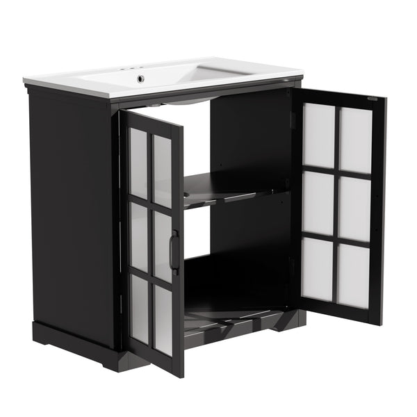 English Elm Christopher Knight Home® - 30" Modern Bathroom Vanity with Ceramic Sink, Tempered Blurred Glass Doors, Rubber Wood Frame Storage Matte Black N817P279904B