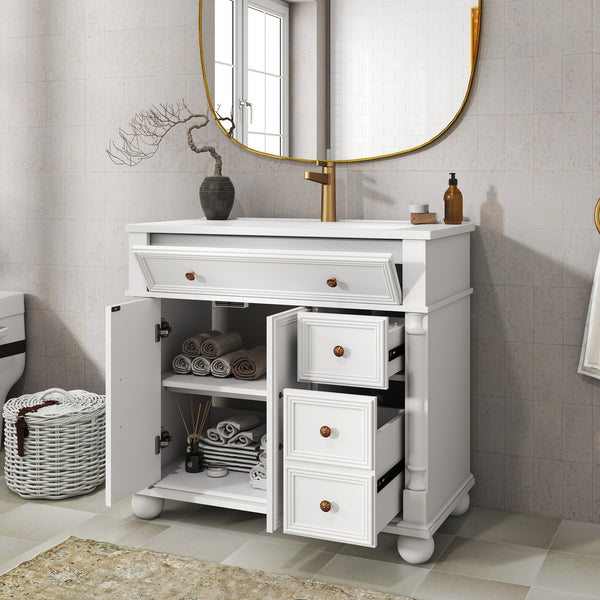 English Elm 35.6" Freestanding Bathroom Vanity with Roman Column Base and Ceramic Integrated Sink W1801S00009