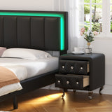 English Elm 3-Pieces Bedroom Sets,Queen Size Upholstered Bed With Led Lights and Two Motion Activated Night Lights,Pu Nightstand With 2 Drawers and Crystal Handle,Black