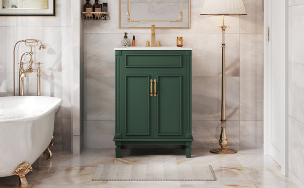 English Elm 24'' Bathroom Vanity with Sink - Solid Wood Frame, Glossy Ceramic Basin, Soft-Close Doors & Ample Storage Elegant Modern Design, Durable MDF Construction, Retro Metal Handles, Compact 24-inch Cabinet Green N710P317675F