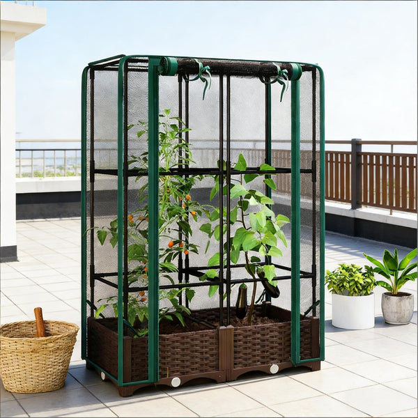 English Elm Crop Cage Raised Garden Bed with Trellis Mesh Enclosure and Built-in Water Reservoir T3971P454894