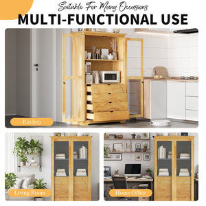 English Elm Topmax Solid Pine Pantry Cabinet with Glass Doors Four Drawers Farmhouse Storage Natural SP000086AAA