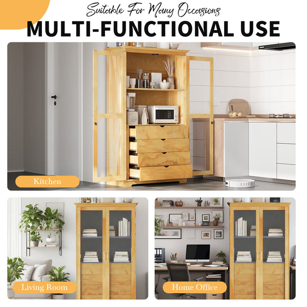 English Elm Topmax Solid Pine Pantry Cabinet with Glass Doors Four Drawers Farmhouse Storage Natural SP000086AAA