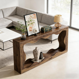 English Elm Wood Solid Fir Console Table Handcrafted Farmhouse Style for Entryway or Sofa Rustic Brown T3971P446942