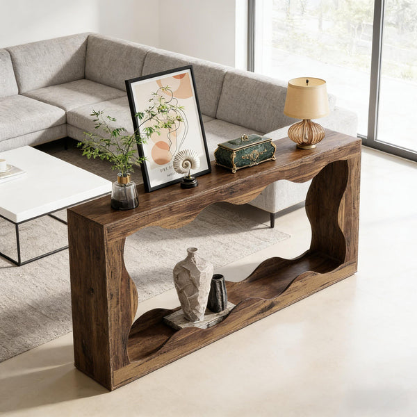 English Elm Wood Solid Fir Console Table Handcrafted Farmhouse Style for Entryway or Sofa Rustic Brown T3971P446942