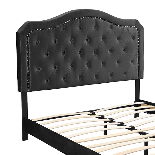 English Elm Upholstered Diamond Button Tufted Platform Bed with Velvet, LED Ambient Lighting, Sturdy Slats Black 65.75 L x 34.43 W x 4.72 H W2297P268385