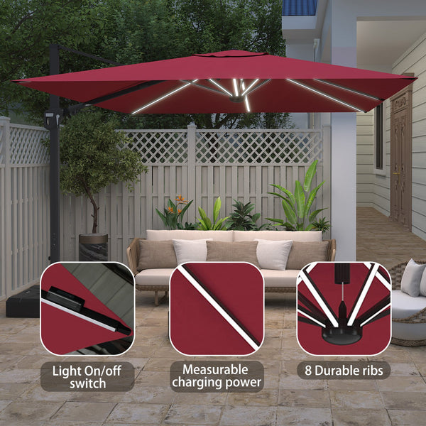 English Elm 11Ft Square Cantilever Patio Umbrella In Vibrant Red With Led Light - Perfect For Outdoor Relaxation T3609P347436